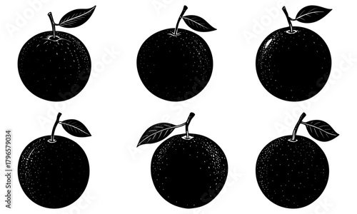 Six black and white illustrations of plums with stem and leaf in a symmetrical arrangement on white