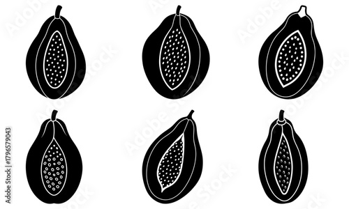 Six stylized papaya fruit halves with seeds arranged in a grid pattern in black and white color scheme