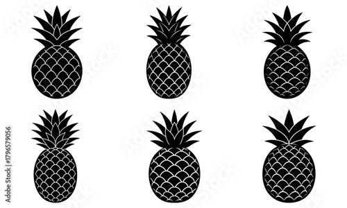 Illustration of six black and white pineapples arranged in two rows on a white background surface