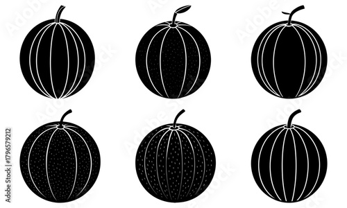 Illustration showing six black and white stylized passion fruit with stems and vertical lines