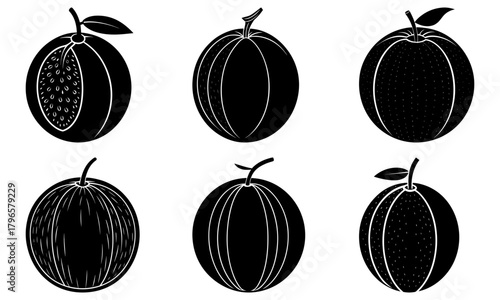 Six passion fruit illustrations in black and white with varying designs and textures on white background