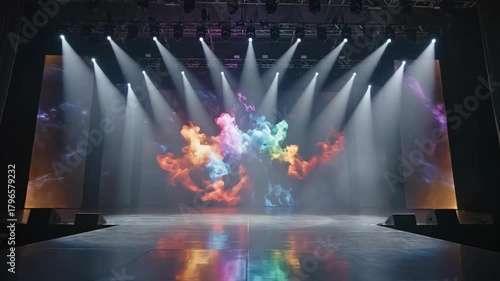 Illuminated stage with a runway screens vibrant square art and overhead spotlights