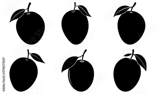 Six silhouette plums with leaves arranged in two rows on a white background graphic design element