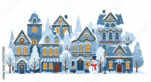 Vector illustration of winter street. Urban landscape with cute houses, trees in snow and christmas garlads, snowman. Flat buildings isolated on white background