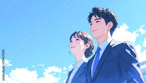 スーツを着て青空を見上げる女性と男性のイラスト（生成AI）