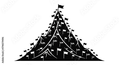 Mountain peak covered in numerous small flags, representing achievement and celebration.
