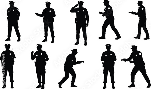 Police officer silhouette set, law enforcement pose vector, uniformed personnel design, public safety graphics, patrol and duty illustration collection