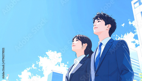 スーツを着て青空を見上げる女性と男性のイラスト（生成AI）