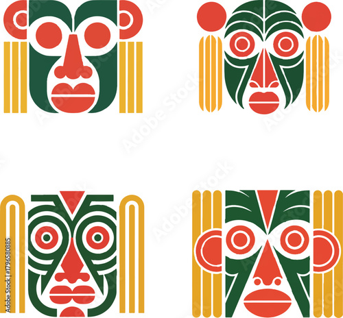 Stylized tribal masks with geometric patterns geometric art