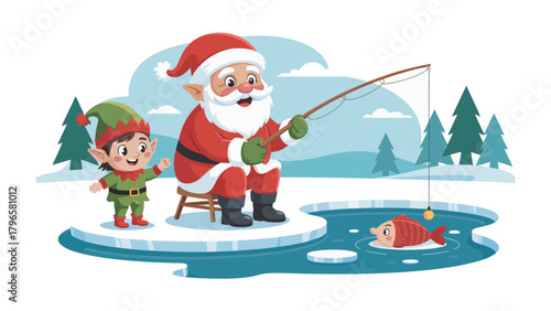 Santa's Winter Catch: Santa Claus and his elf companion share a moment of tranquility, ice fishing in a serene winter scene, celebrating the magic of the holiday season.
