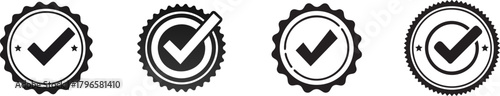 Silhouette Audit Tools and Equipment. Four black and white checkmark badges, each with unique designs and circular shapes, symbolizing approval and verification.