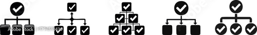 Silhouette Internal Audit and Process Review. A series of icons representing various organizational structures, each marked with a check symbol, indicating approval or completion of processes.