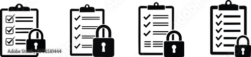 Silhouette Compliance Audit and Certification. A set of four clipboards, each featuring checklists and a padlock, symbolizing security and confidentiality in task management.