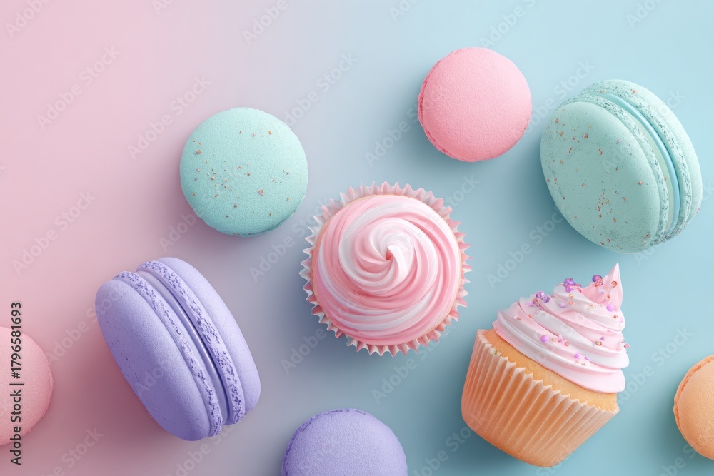 Obraz premium Pastel macarons and cupcakes on a twotone pink and blue background, top view