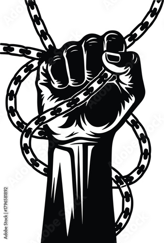 Powerful clenched fist with broken chains, symbol of freedom, resistance, justice