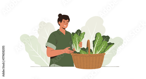 Fresh Produce Harvest: Person Holding Basket of Lush Greens Against Black Background