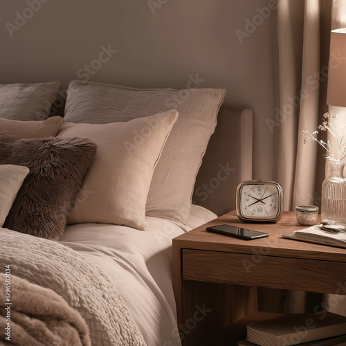 Elegant bedroom interior with a clock and phone on a wooden nightstand