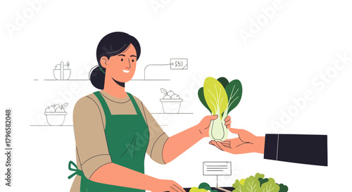 Fresh Produce Purchase: Handing Over A Head Of Bok Choy At The Farmers Market