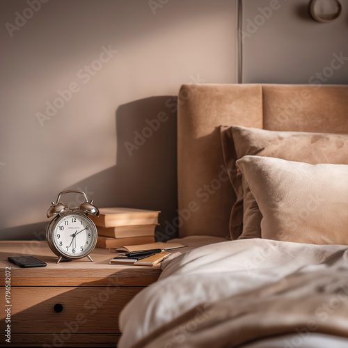 Принти на полотні Alarm clock on a bedside table in a cozy bedroom setting at sunrise