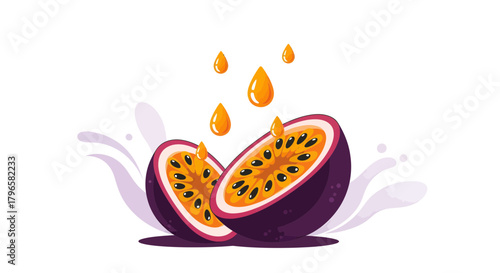 Freshly Sliced Passion Fruit Illustration With Juice Drops And Creative Graphics
