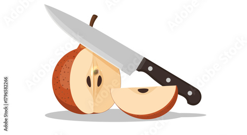Freshly Sliced Pear Resting Alongside a Sharp Knife, Ready for Consuming or Cooking