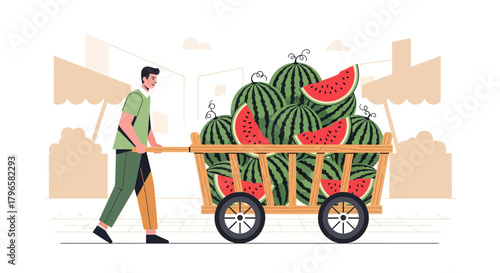 Fresh Watermelon Vendor at the Market, Delivering Ripe Watermelons in Their Cart
