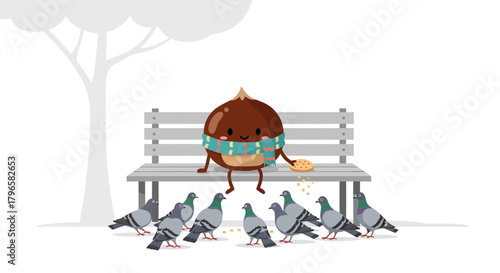 Friendly Chestnut Character Enjoying a Moment with Pigeons on a Park Bench