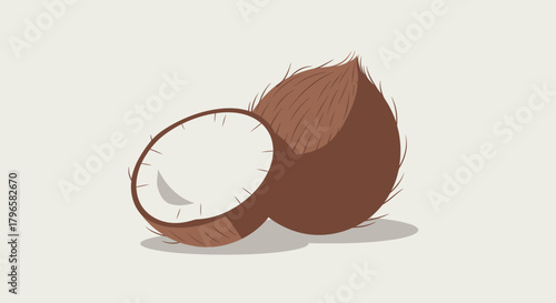 Freshly Cut Coconut Vector Illustration On Light Background For Healthy Eating Themes