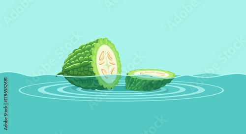Freshly Cut Green Gourd Floating in Turquoise Waters for Culinary Illustration