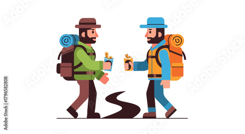 Friendly Hikers Sharing Snacks While Trekking Through The Wilderness Journey Together