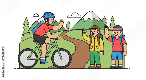 Friendly Hikers Waving At A Cyclist While Exploring Nature And Mountain Peaks