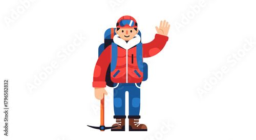 Friendly Mountaineer Waving Hello With Gear Against A Midnight Black Background
