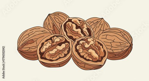 Freshly Ground Walnut Illustration Featuring Whole And Half Shells On Neutral Background