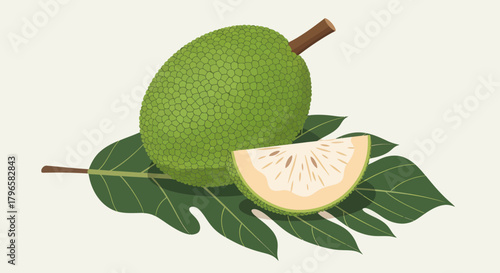 Freshly Gathered Tropical Jackfruit Placed On Top Of Lush Green Leaves