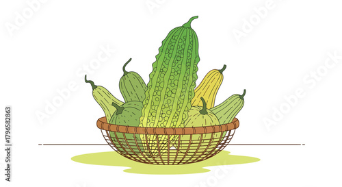 Freshly Harvested Basket Of Vibrant Bitter Melon and Other Cucurbits Illustration