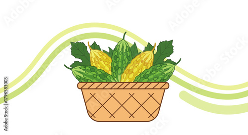Freshly Picked Bitter Gourds In Woven Basket With Modern Pastel Green Background