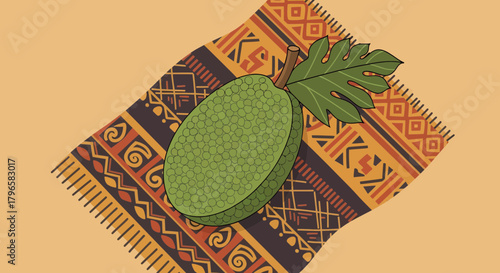 Freshly Picked Breadfruit on Tribal Patterned Cloth on a Beige Background