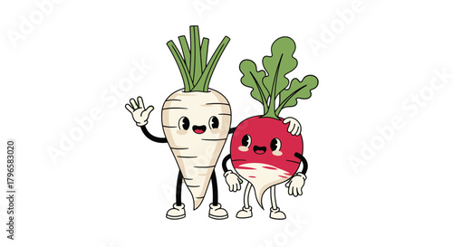 Friendly Vegetable Buddies Cute Cartoon of Turnip and Radish in a Welcoming Embrace