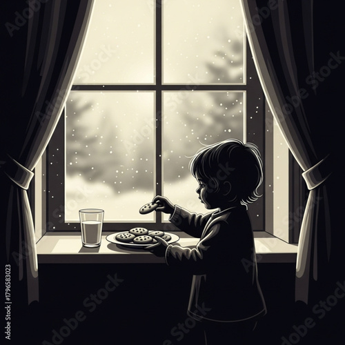 A young child in silhouette places cookies and milk on a windowsill.