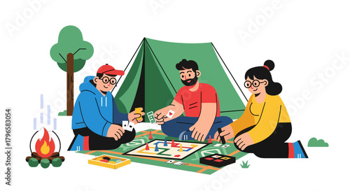 Friends Camping Together Playing Board Games By The Campfire Outdoors