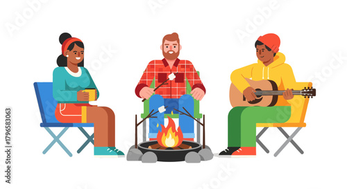 Friends Camping Together, Enjoying The Fire and Good Music Under The Night Sky