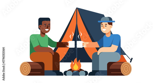 Friends Camping Together, Enjoying The Warmth, Coffee, Fellowship, And Nature's Serenity