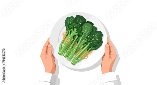 Freshly Prepared Bok Choy Greens On A White Plate Against Solid Black Background