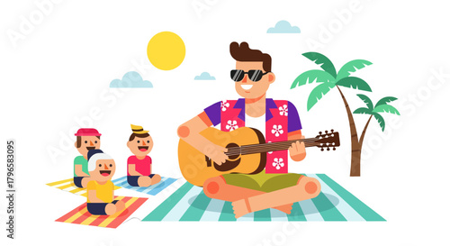 Friends Enjoying Beach Time with Guitar Playing Under A Tropical Evening Sky