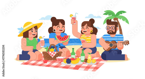 Friends Enjoying Picnic At The Beach With Snacks Drinks And Live Music, Flat Illustration