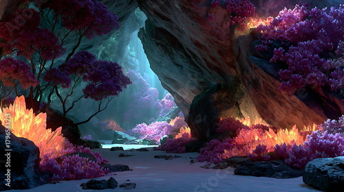 Underground luminous cave network, glowing crystals lining natural rock, deep shadows juxtaposed with colorful glow, fantasy illustration.