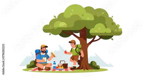 Friends Enjoying Picnic Under Tree With Fresh Apples And Delicious Sandwiches