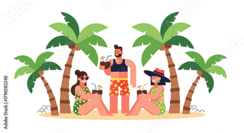 Friends Enjoying Relaxed Holiday with Tropical Drinks in Hot Summer Weather