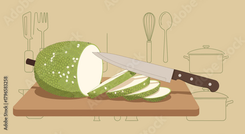 Freshly Sliced Breadfruit Depicted Pictorially On A Wooden Cutting Board With A Knife
