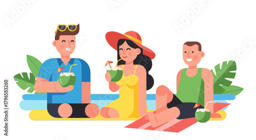 Friends Enjoying Summer Vacation And Drinking Coconuts On A Tropical Beach